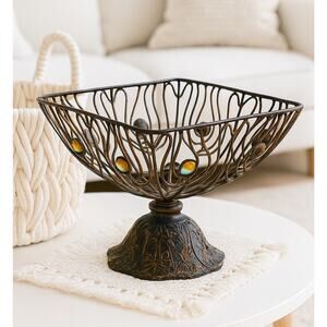 Vintage Style Wrought Iron Pedestal Bowl w/ Jewel Centerpiece Gothic Victorian